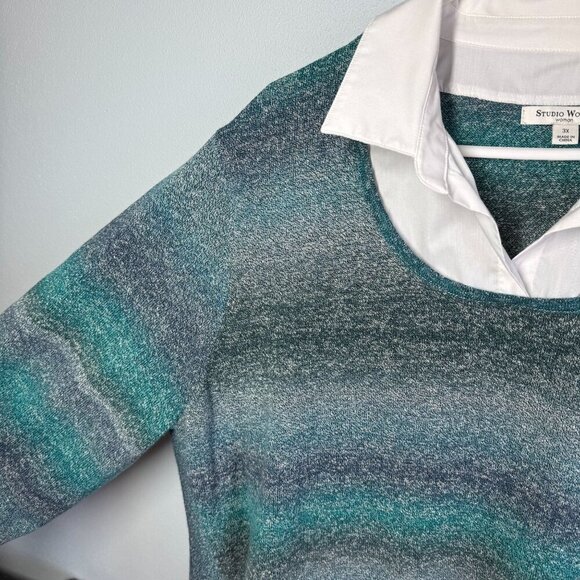 Studio Works Womens Blue/Green Layered Collar Sweater 3X Casual Preppy - Picture 7 of 11